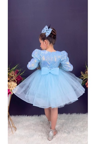 Gren Etek Pul Payet Uzun Kol Kız Çocuk Abiye Elbise 001