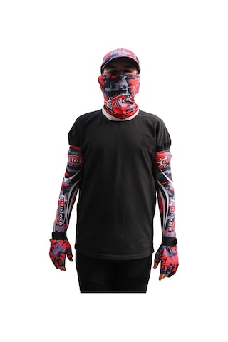 Captain Fisherman Style Set Cap + Eldiven + Kolluk + Buff Camo Red Kırmızı