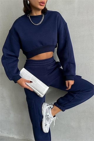 Dip Moda Kadın Bisiklet Yaka Crop Eşofman Takımı Dpnbg041 Lacivert