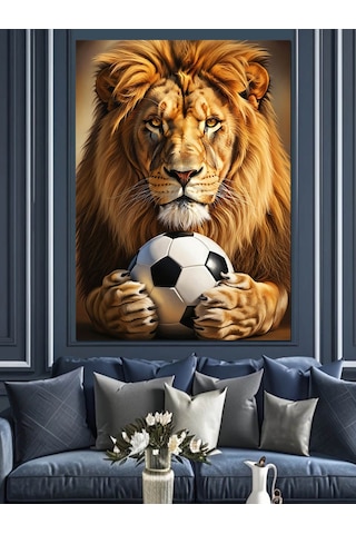 Ahşap Tablo Futbol Oynayan Aslan Kral