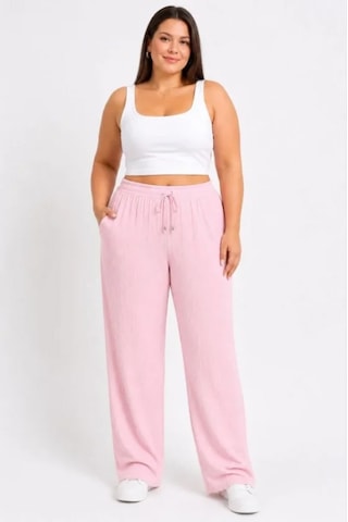 Efnaz Style Battal Beden Bürümcük Kumaş Beli Lastikli Bağcıklı Bol Paça Palazzo Pantolon - Pembe