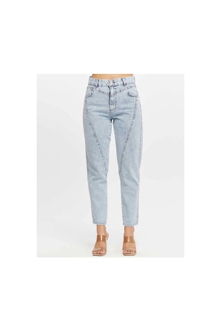 Kene Jeans Yüksek Bel Ön Conta Çımalı Mom Kot Jeans Buz Kar