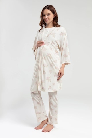 Pierre Cardin 9009 Hamile Lohusa Sabahlıklı Kısa Kollu Pijama Takımı - Krem