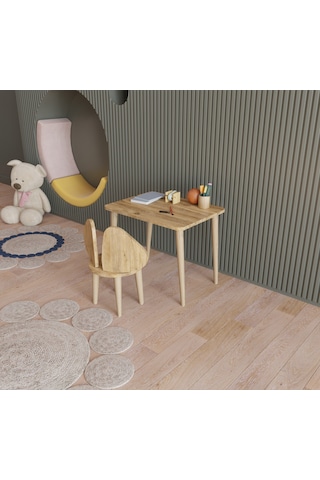 Fahrettin Küçük Montessori Çocuk Masası Fil Kulaklı Oyun Masası Aktivite Masası Çalışma Masası Sandalyeli Çam