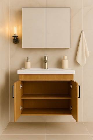 Luna 65 Cm Ahşap Camlı Üst Modül Ve Seramik Lavabolu, Mdf Banyo Dolabı Takımı Ahşap