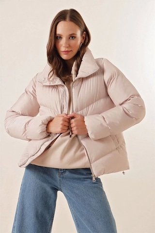 Defymoda 5205 Dik Yaka Fermuarlı Şişme Mont - Bej Bej