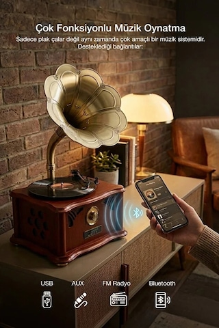 Nostaljik Dev Gramofon Bluetooth Usb Plak Çalar Pikap Fm Radyo 1 Adet