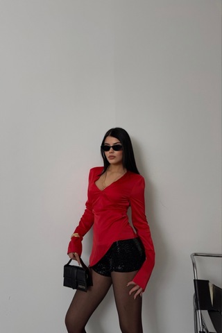 Saten Anvelop Bluz Manşet Kol - Kırmızı Kırmızı