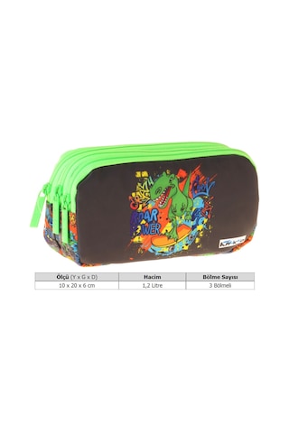 Kaukko Kids Street Dinazor Baskılı Siyah - Yeşil Erkek Çocuk Okul Kalemliği Kalem Çantası - L5416 Çok Renkli