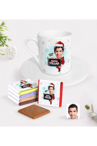 Kişiye Özel Erkek Yeni Yıl Karikatürlü Türk Kahvesi Fincanı Ve Çikolata Hediye Seti-1