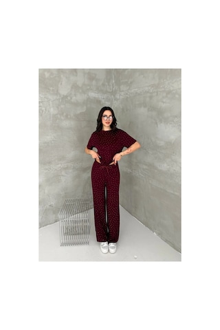 Asur Boutique Asur Butik Kadın Taşlı Bisiklet Yaka Alt Üst Takım Pantolonlu Şık Günlük Kombin Bordo