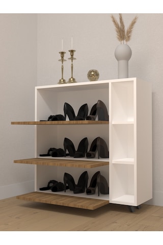 Esyah 3 Kapaklı Raflı Çok Amaçlı Ayakkabılık Ahşap - Beyaz