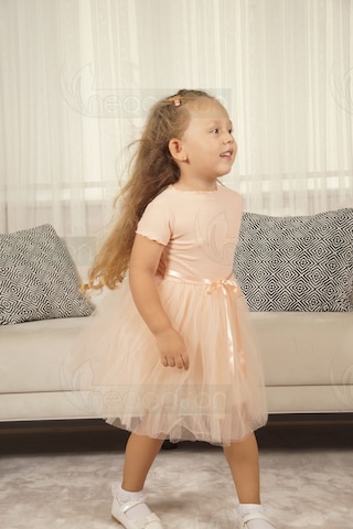 Tüllü Baskısız Düz Üst Kısım Ribana Alt Kısım Astarlı Tütü Etek Kız Çocuk Prenses Kısa Kollu Elbise SOMON