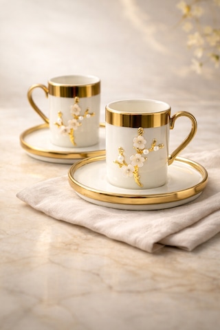 2 Kişilik Lüks Beyaz Gold Yaldızlı İnci Lotus Dallı Kahve Fincan Takımı Seti 100ml