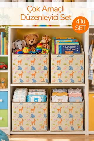 4'lü Animals Kapaksız Kutu Oyuncak Çamaşır Saklama Kutusu Dolap İçi Organizer Düzenleyici 30x30x30 Krem