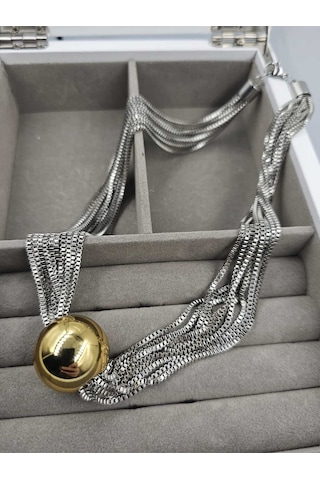 Çoklu Zincir Gümüş Altın Top Çelik Kolye Gümüş