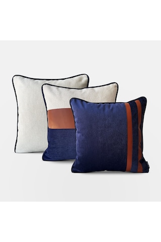 "navy Leather" Deri Şeritli Kırlent Kılıfı Seti Lacivert - Beyaz - Kahverengi