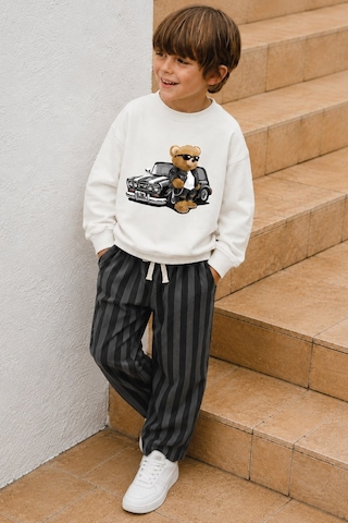 Monila Erkek Çocuk Ekru Araba Baskılı Pamuklu Sweatshirt Ve Antrasit Çizgili Eşofman Alt Üst Takım