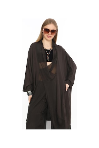 Bohem Stil Italyan Ipek Detaylı Oversize Kap Bluz- Wes Pantolon Takım-8863 Koyu Kahve Kahverengi