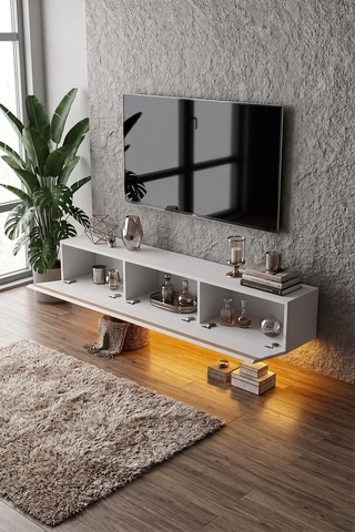Pureline Tech Led Işıklı Tv Ünitesi 180 Cm - Modern Tv Sehpası - Beyaz