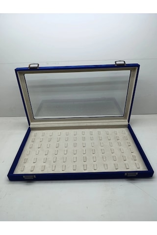 Yeni Cam Kapaklı Süet Lacivert Kumaş 45 Cm / 25 Cm Tırnaklı Yüzük Tablası