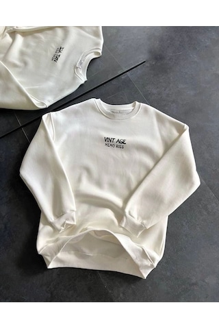 Mbb E-ticaret Kadın Bisiklet Yaka 3 İplik Baskılı Oversize Sweatshirt - Beyaz