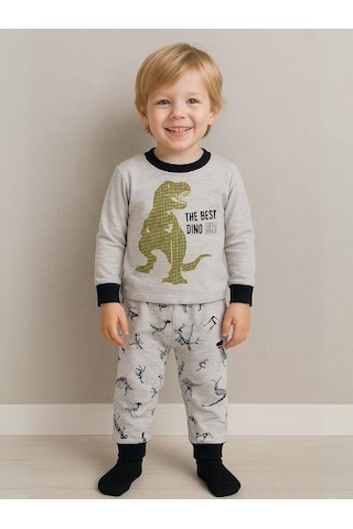 Zekids Erkek Çocuk Dinozor Baskılı Uzun Kollu Pijama Takımı-16047 Grı