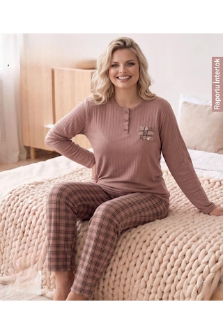 Boyraz Lindros Kadın Düğme Yaka Raporlu İnterlok Kışlık Battal Pijama Takımı 02770 - 1 Adet Vizon