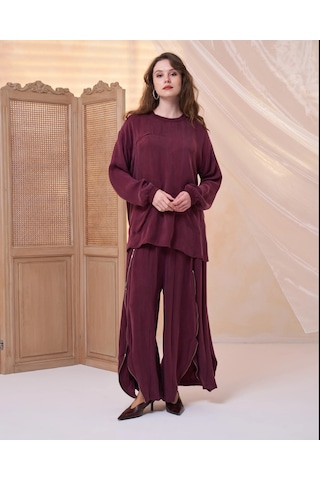 Misswhence İçi Pantolonlu Cupra İpek Tunik Şalvar Takım 39004 Bordo Bordo