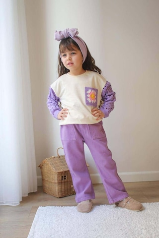 Kız Çocuk Kol Triko Modelli Punch İşlemeli Gabardin Pantolonlu 2li Takım Lila