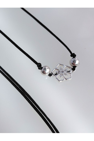925 Ayar Gümüş Zirkon Taşlı Siyah Lotus Çiçek Tasarım Choker Kadın Kolye
