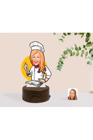 Kişiye Özel Kadın Chef Karikatürlü Dekoratif 3D Biblo Led Işıklı (481501219)
