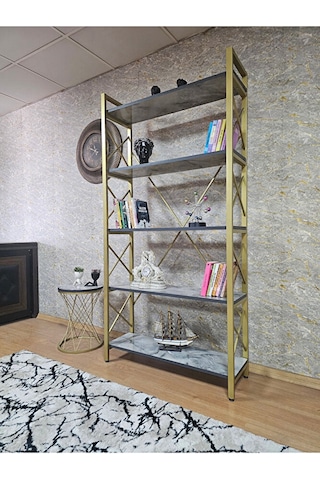 Gold Boyalı Kitaplık - 5 Raflı Suntalem Lüks Kitaplık Marmol Çok Renkli