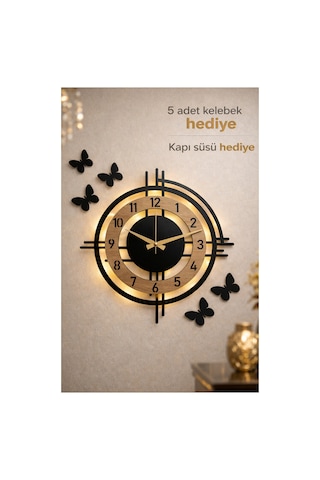Pey Aksesuar Işıklı Ahşap Duvar Saati 48 Cm Dekoratif Modern Tasarım Sonomo 0240-keçe-şekilli-48cm