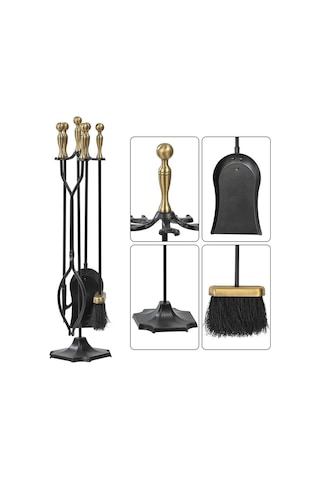 5 Li Lüx Ithal Döküm Gold Prinç Topuz Başlıklı Şömine - Soba Maşa Takımı Aksesuar Seti