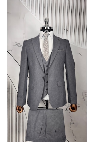 Dupont Classics Dupont Erkek Slim Fit Yelekli Takım Elbise 6 Drop Çift Yırtmaç Gri
