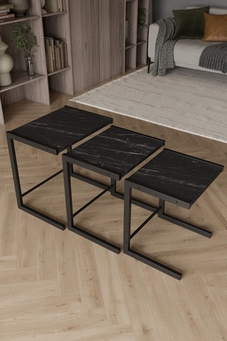 Bronte 3 Lü Zigon Sehpa, Metal Zigon Sehpa Siyah Mermer