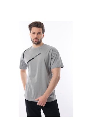 Madmext Boyalı Gri Bisiklet Yaka Şerit Detaylı Pamuklu Erkek T-shirt E7033 Gri