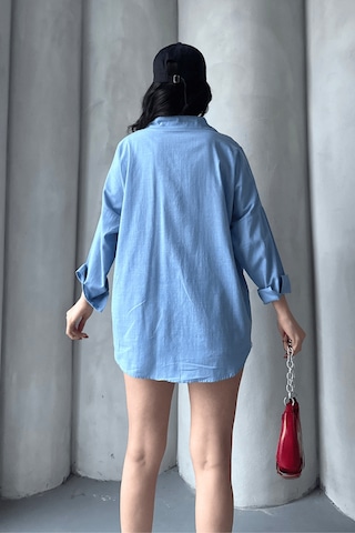Paw Garage Kadın Harper Çift Cepli Oversize Keten Gömlek, 2025 Summer Collection Mavi