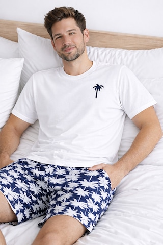 Erkek Pamuklu Kısa Kollu Palmiye Desenli Cepli Şortlu Pijama Takımı Ke77626 Lacivert - Beyaz