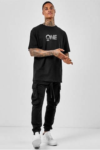 One T-shirt - Siyah Baskılı Oversize Bisiklet Yaka Kısa Kol Tişört Siyah