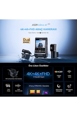 Viofo A229 Ultra-w 3 Kameralı Ön+arka Su Geçirmez+iç 4k+4k+1080p Hdr Sony Starvıs 2 Sensörlü Gps'li Araç Kamerası