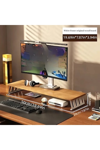 Motion003 Ergonomik Ahşap Monitör Standı Yükseltici Bej Çerçeve Kütük Tahta 50 Cm Büyük Çift Ekran Masa Rafı L Şeklinde Bacaklı