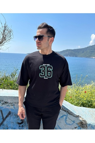 Erkek Bisiklet Yaka Oversize Baskılı T-shirt SIYAH