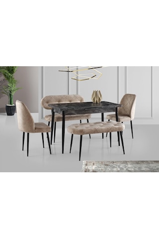 Ay Masa Ve Sandalye Bench Takımı, Krem Siyah, 120x70 Siyah