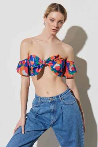 Regular Fit Normal Kesim Önden Bağlamalı Desenli Bralet Bluz Renkli