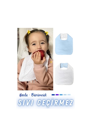 Pamuklu Sıvı Geçirmez Mama Önlüğü Bürümcük-havlu Çift Yönlü M-b Beyaz - Mavi