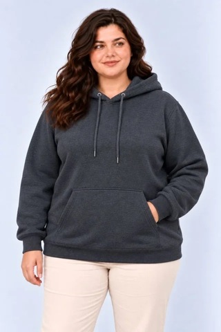 Suma Battal Büyük Beden Füme Kapüşonlu Kanguru Cepli Şardonlu Sweatshirt