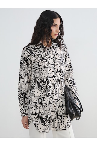 Lcw Modest Siyah Desenli Oversize Kadın Gömlek Tunik