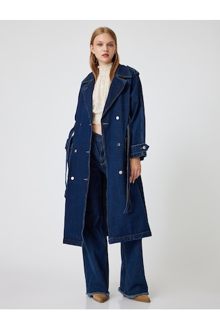 Koton Denim Trençkot Uzun Kruvaze Yaka Apoletli Kemer Detaylı Cepli Koyu İndigo 5wal50019md Koyu İndigo